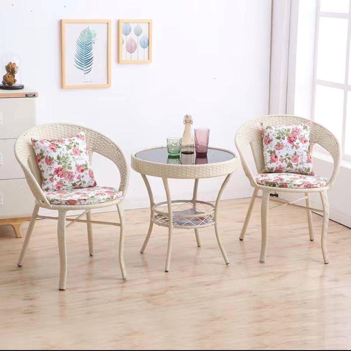 阳台小桌椅户外休闲腾椅子组合套装庭院双管藤编靠背椅藤椅三件套