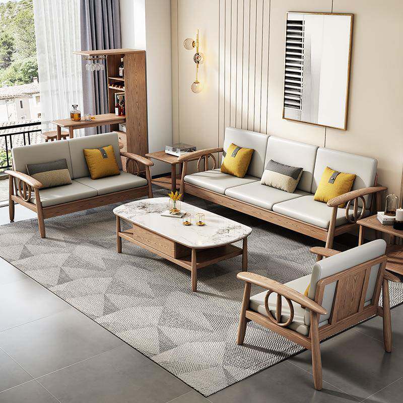 北欧实木沙发白蜡木家用小户型沙发中式三人位直排四人位冬夏两用