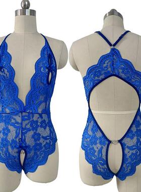 Sexy Crotchless Blue Lingerie Women Lace Hollow Bodysuit