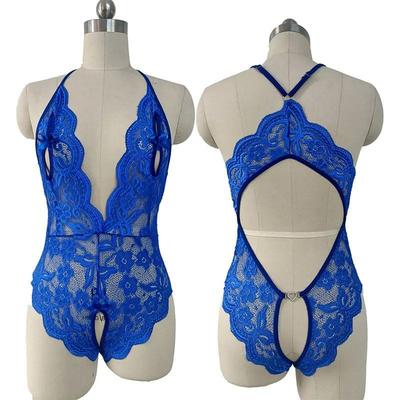 Sexy Crotchless Blue Lingerie Women Lace Hollow Bodysuit