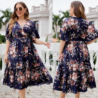 Large size Women summer V-neck dresses 夏季V领印花大码连衣裙