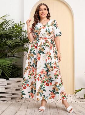 大码宽松V领印花连衣裙 夏季胖MM仙女裙 plus size summer dress
