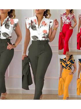 Printed top and pants set时尚印花荷叶袖上衣纯色裤套装配腰带