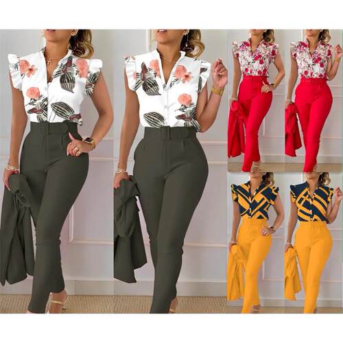 Printed top and pants set时尚印花荷叶袖上衣纯色裤套装配腰带