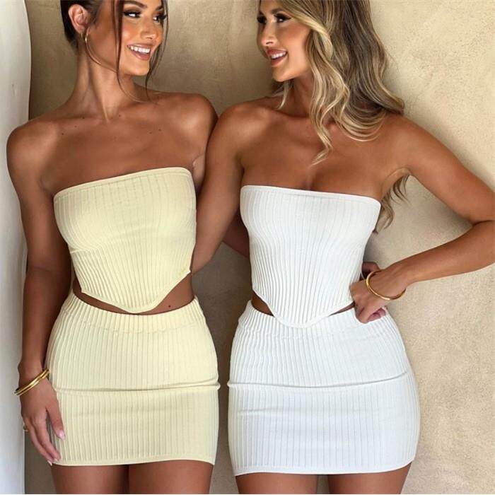 欧美性感修身抹裹胸半身裙套装连衣裙 tube top skirt set dress