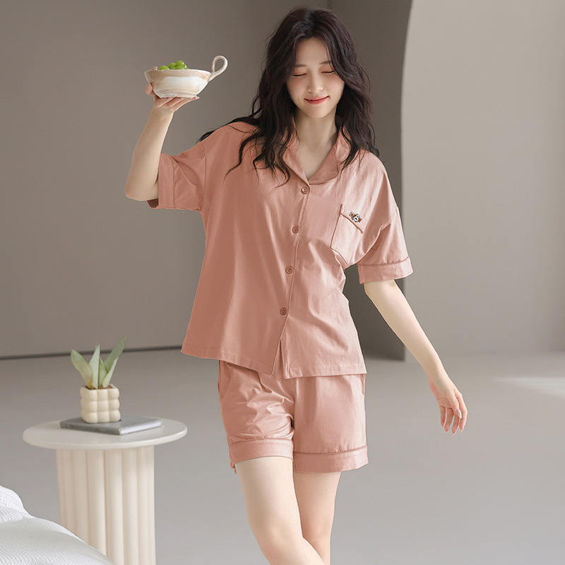 夏带胸垫纯棉睡衣女短袖短裤运动休闲舒适凉爽可外穿开衫家居服