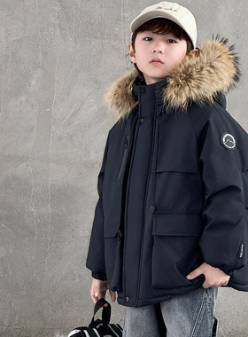 日本品质男童加厚毛领派克服2026新款儿童冬季保暖连帽棉衣外套加