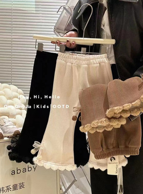 日本品质童星圆女童2026冬季新款韩版女宝宝花边加绒加厚长裤子保