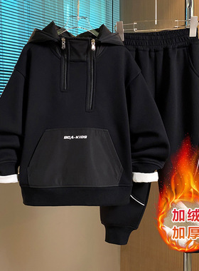 日本品质童装新款中大童秋冬加绒两件套男童冲锋衣连帽加厚套装上