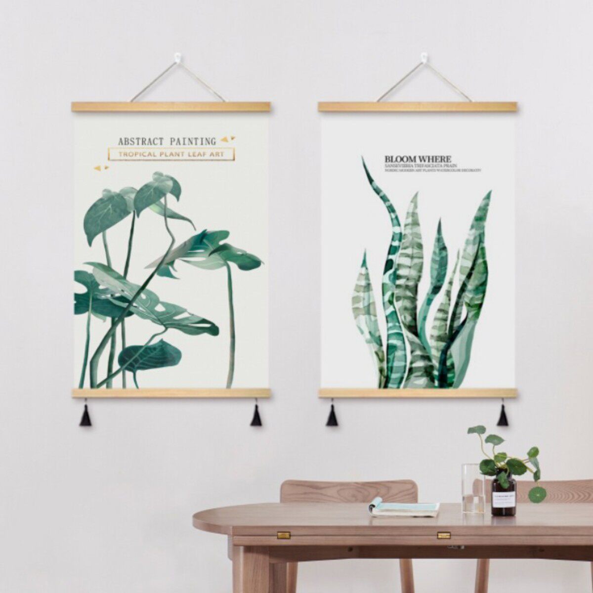 北欧小清新龟背叶绿植组合挂画简约树叶油画布两联装饰墙画