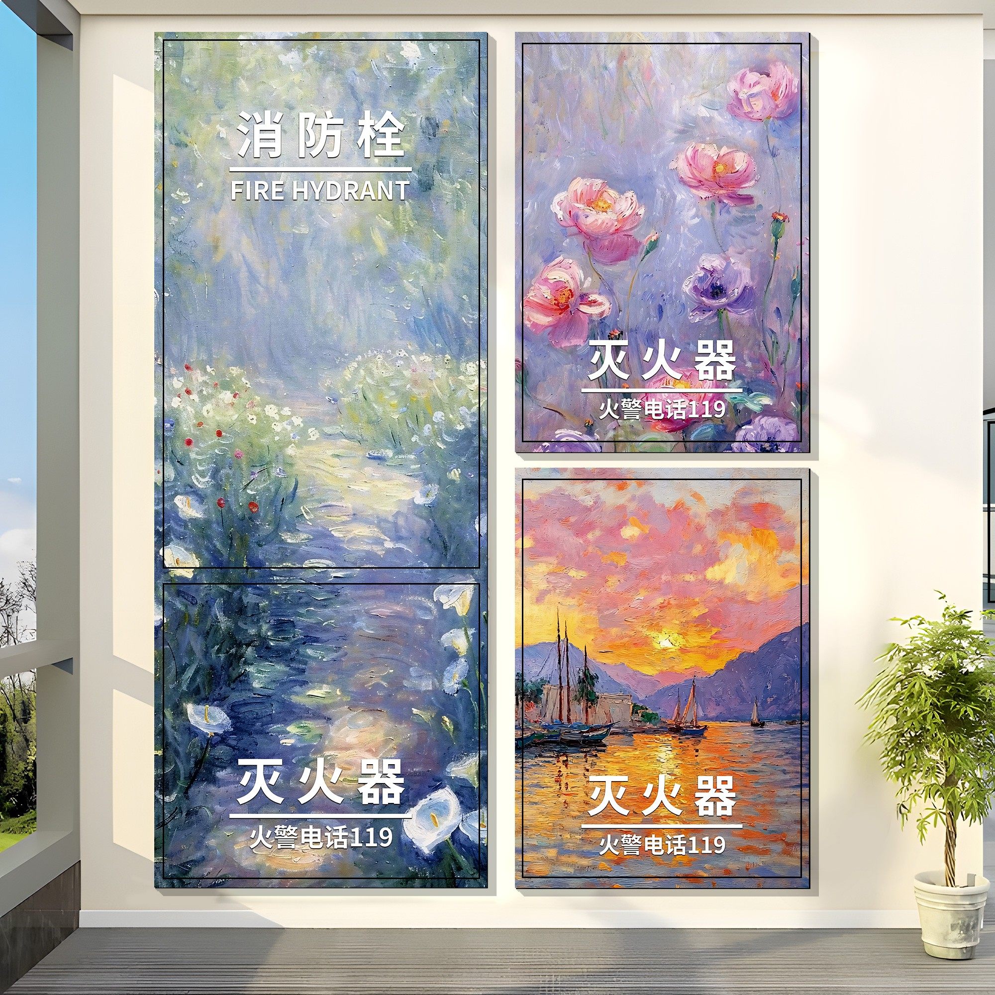 莫奈油画消防栓自粘贴纸装饰画