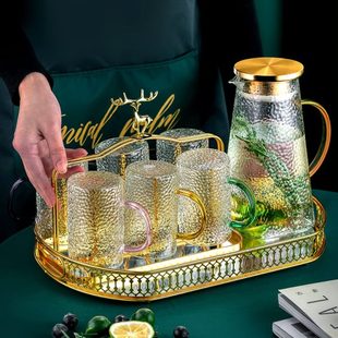 待客带简约客厅锤纹玻璃杯 感高级家用喝水杯轻奢茶杯手柄杯子套装