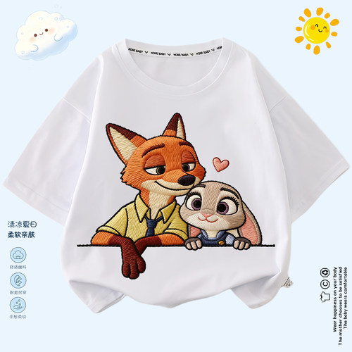 疯狂动物城zootopia儿童仿刺绣男女童纯棉百搭短袖夏季薄款半袖T