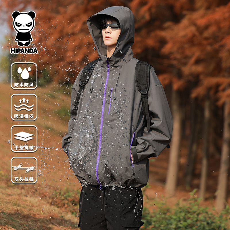 hipanda你好熊猫三防连帽冲锋衣春秋季新款户外运动宽松夹克外套
