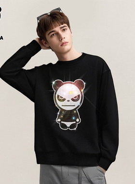 Hi Panda你好熊猫烫钻圆领卫衣男春秋款潮流简约宽松百搭套头上衣