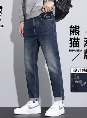 Hipanda你好熊猫蓝色牛仔裤男秋冬款直筒宽松新款男生加绒裤子