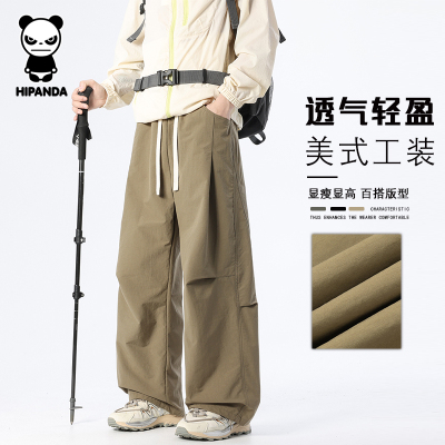 Hipanda你好熊猫潮牌工装裤男款夏季2026新款直筒美式阔腿长裤子