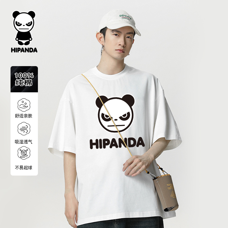 HiPanda你好熊猫短袖t恤男夏季黑白色运动上衣透气半袖体恤男士