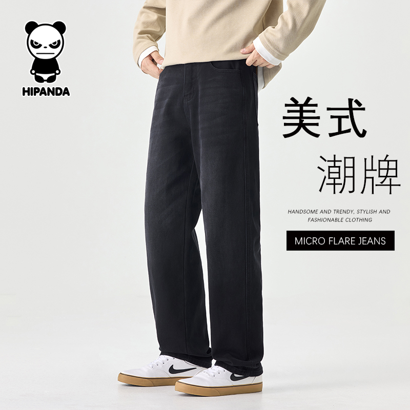 Hipanda你好熊猫黑色水洗男士牛仔裤春秋季抗皱直筒宽松休闲长裤