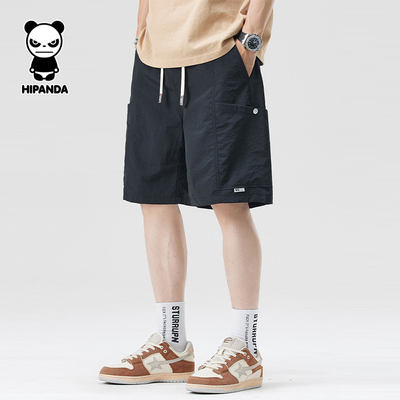 Hipanda你好熊猫黑色工装短裤男夏季宽松直筒五分裤冰丝薄款裤子