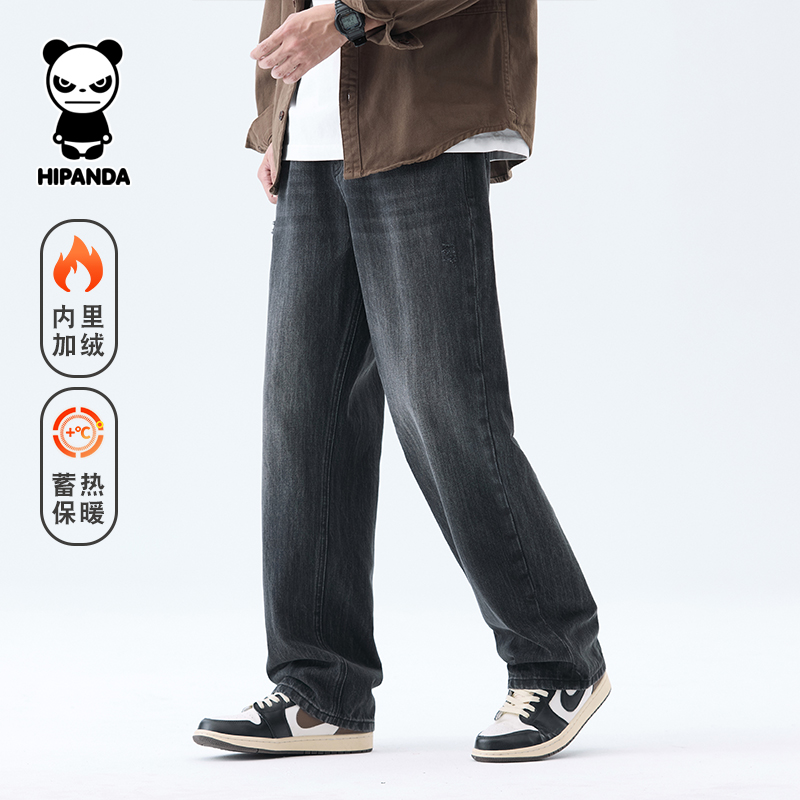 hipanda你好熊猫牛仔裤男士冬季加绒加厚保暖直筒裤潮牌新款长裤