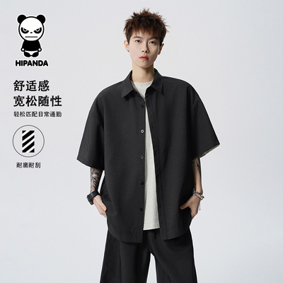 Hipanda你好熊猫短袖衬衫男款翻领宽松潮流休闲夏季2026新款衬衣