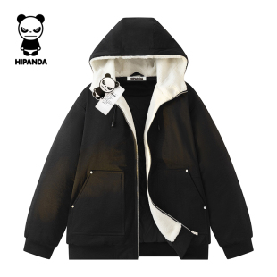 Hipanda你好熊猫高级感连帽防风保暖棉服男2025冬季新款夹克棉衣