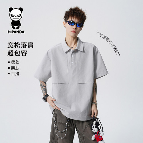 Hipanda你好熊猫夏季户外纽扣POLO领短袖T恤男款潮牌宽松休闲上衣