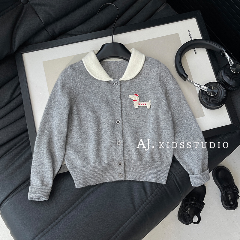 【泰酷】秋冬装女童韩版软萌小狗贴布绣娃娃领针织开衫MPG7098