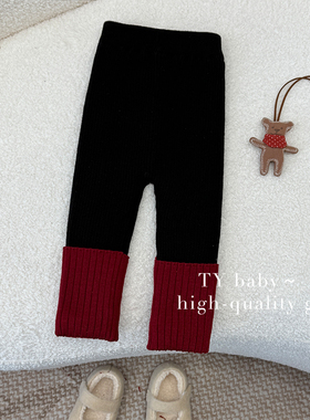 甜柚冬装女小童韩版时尚加绒保暖厚款撞色堆堆袜打底裤NNT0255
