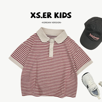 【波尔多红】夏款男女童条纹宽松POLO领短袖T恤SJ5671