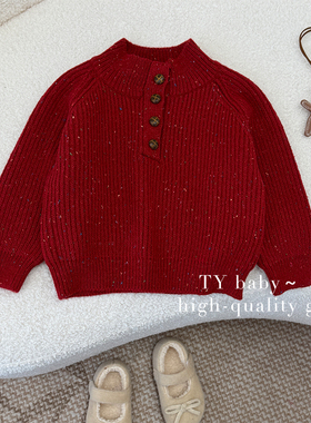 甜柚冬装女小童韩版时尚彩色个性立领保暖新年套头毛衣NNT0237