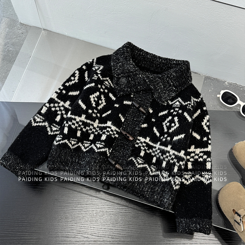 秋冬装儿童韩版时尚帅气原宿风花纹保暖加厚翻领毛衣SJ6858-DD1