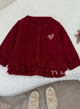 甜柚冬装女小童韩版时尚格纹爱心洋气保暖新年毛衣开衫NNT0249