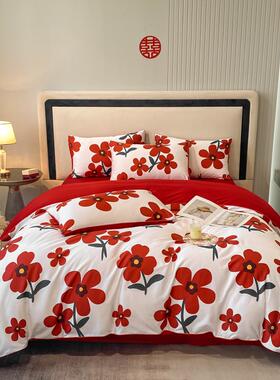 小清新亲肤棉被套印花四件套喜庆大红色被罩床单床笠婚房床上用品