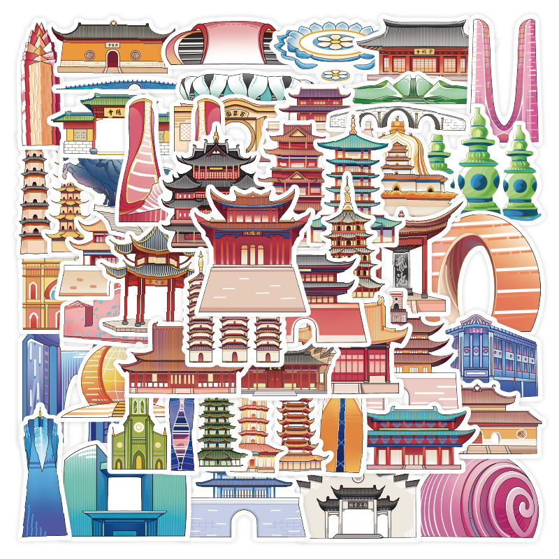 浙江文创旅游景区贴纸创意卡通国风名景建筑地标城市打卡地网红特色景点小贴画个性装饰贴画笔记本手机壳背后图片