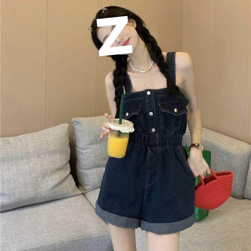 牛仔背带短裤女夏2025新款复古工装设计感收腰显瘦卷边连体吊带裤