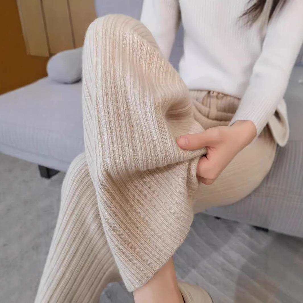 电商供货纯羊毛阔腿裤女松紧腰坑条抽绳长裤宽松针织绒休闲拖地