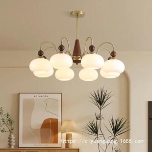 中古奶油风客厅吊灯日式 胡桃木色复古创意实木柿子玻璃餐厅卧室灯