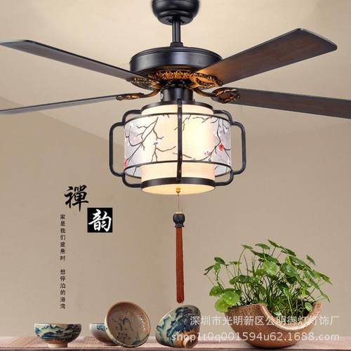 新中式吊扇灯 客厅餐厅卧室风扇灯木叶静音中式LED灯饰电风扇吊灯