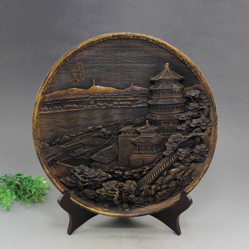 复古摆件古玩玉器工艺品仿雪花玉盘子颐和园佛香阁 送架子