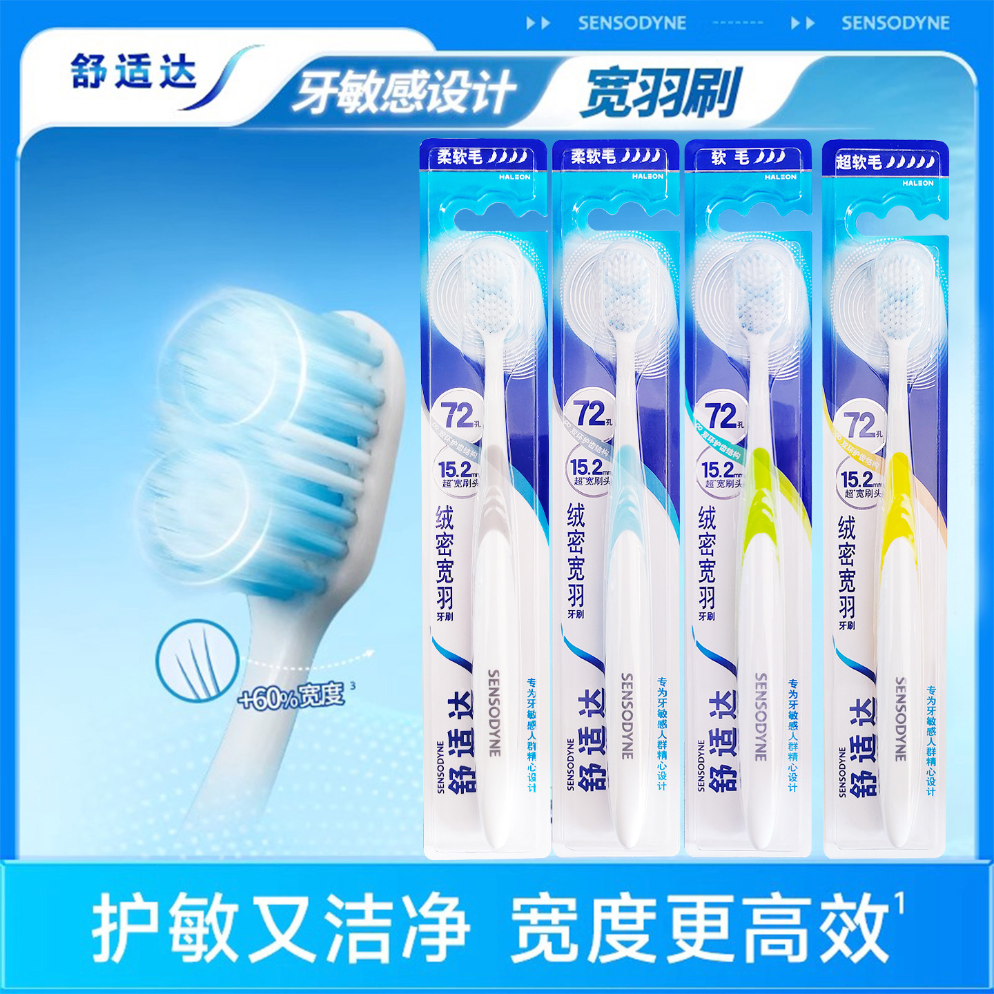 舒适达牙刷72孔绒密宽羽刷敏感护龈清洁软毛成人清新口气柔密家庭