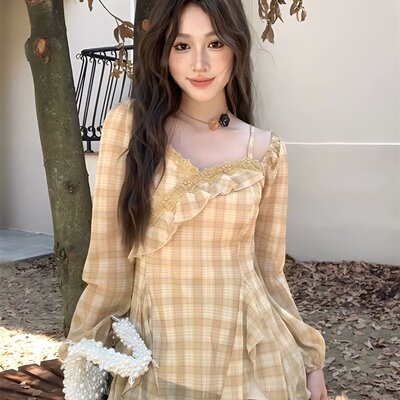 法式高级感格子荷叶边飘带上衣女早秋新款别致长袖小衫设计感小众