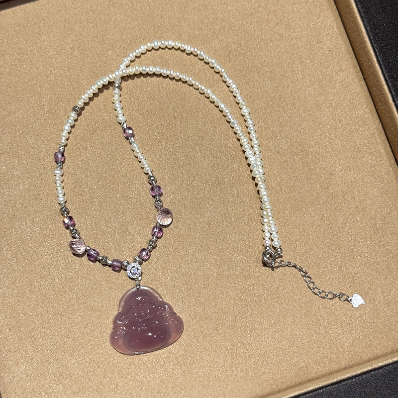 日本品质紫色天然高冰玉髓佛公吊坠珍珠项链配饰女锁骨链轻奢小众