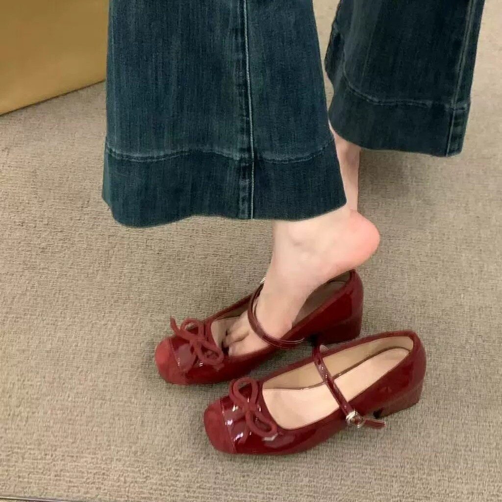 法式中高跟红色玛丽珍单鞋女鞋子2025新款春季配裙子蝴蝶结晚晚