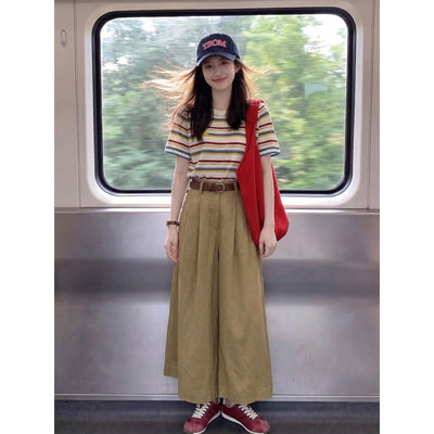 独特漂亮绝美今年流行的女装初夏气质撞色条纹短袖上衣阔腿裤套装