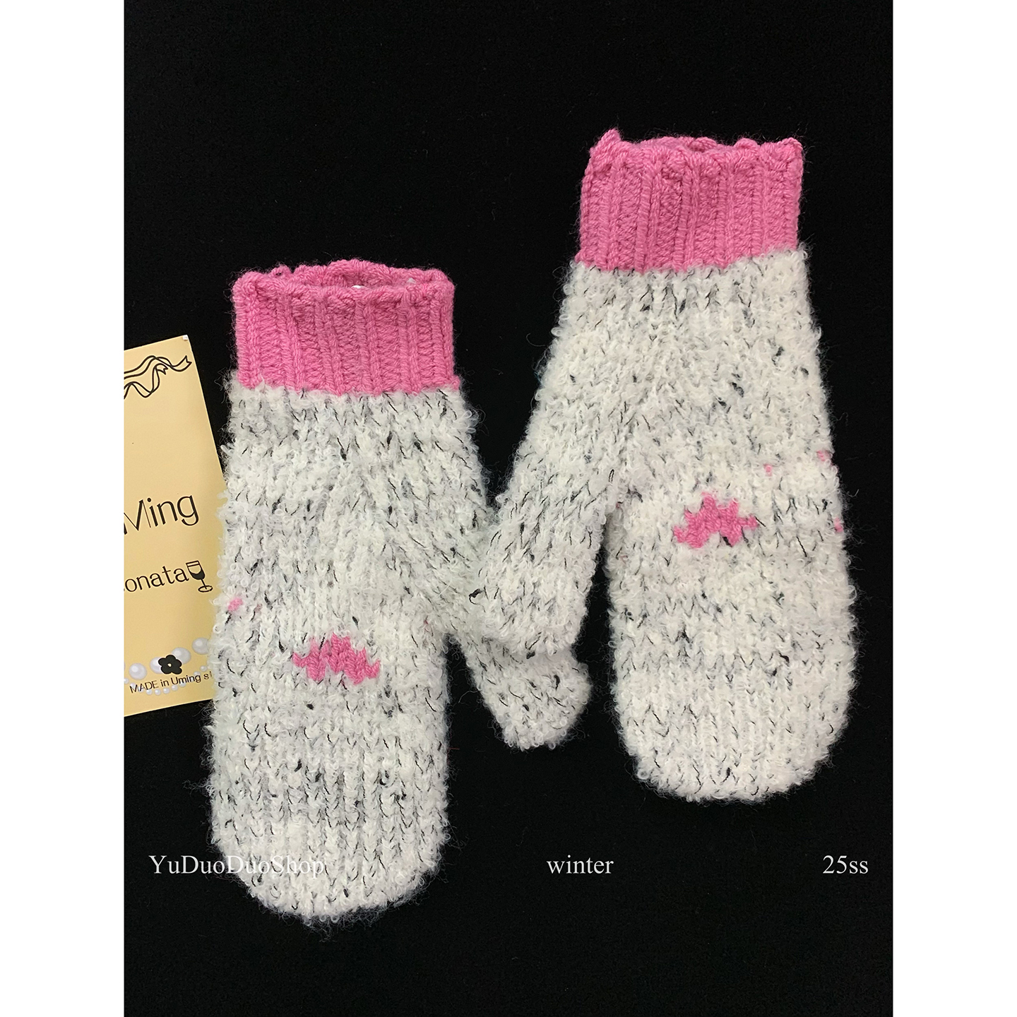 复古童趣爱心拼色全包针织手套女