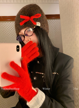 韩国ins红色蝴蝶结毛线帽女甜美复古秋冬保暖大头围针织包头帽潮