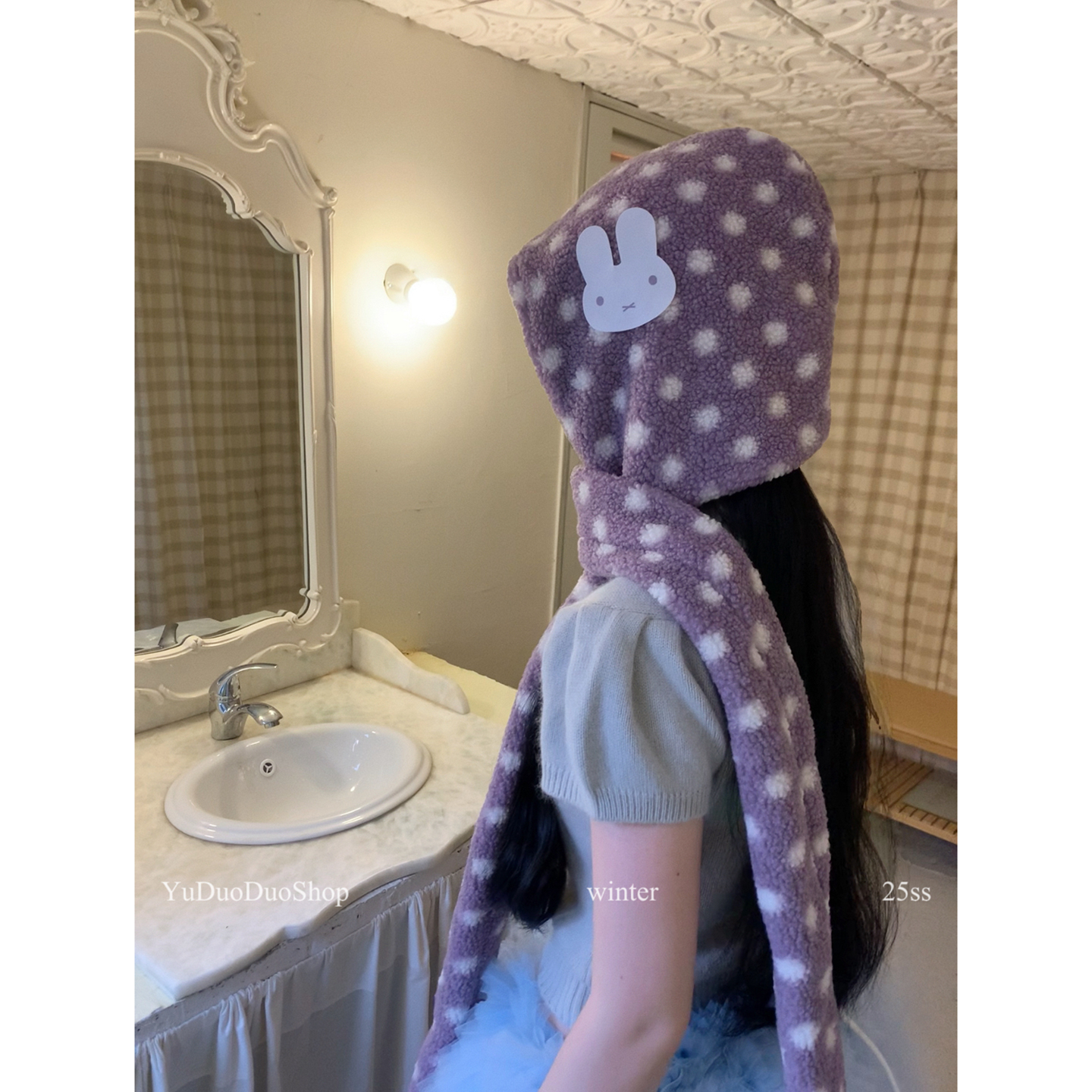 可爱萌物兔子波点羊羔毛软糯帽子