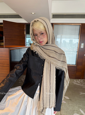 废土风卡其色条纹棉麻柔软围巾女